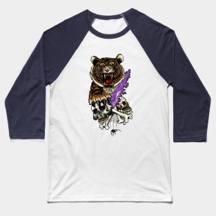 Tiger, Skulls, and flames Baseball T-Shirt